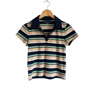 American Eagle Striped Polo Shirt Women Short Sleeve Navy Beige Green Casual Top